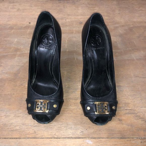 Tory Burch Carnell High Open Toe Wedge Black Heels Size 7, MSRP $295 - Picture 3 of 11